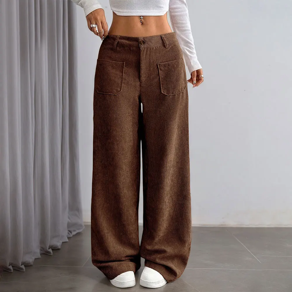 

Corduroy Autumn and Winter Dark Brown Vertical Striped High-waisted Wide-leg Pants Loose and Thin Casual Pants Children
