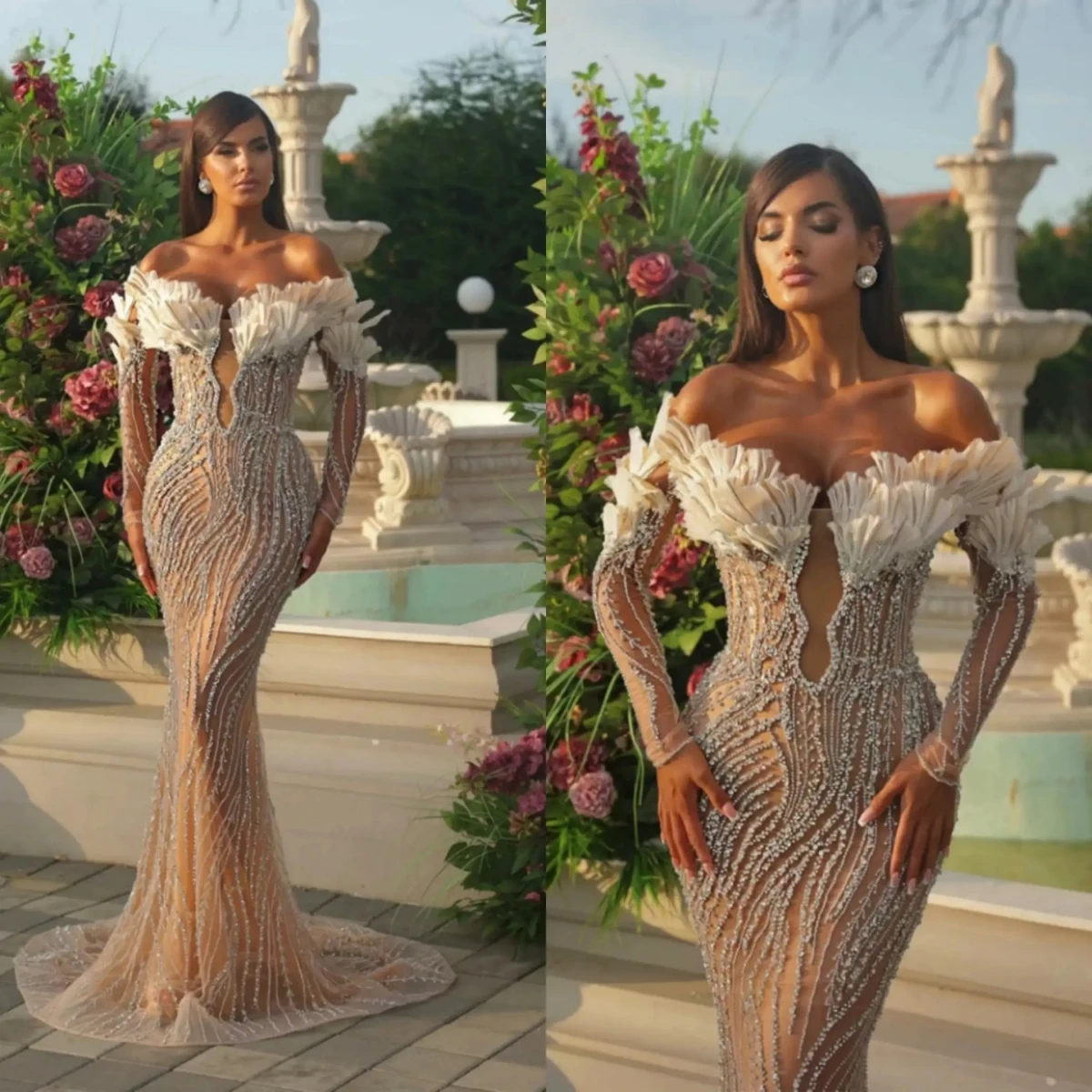 

Champagne Mermaid Gown Wedding Dresses Appliques Crystal Sequins Lace Bridal Gowns Big Size Vestidos De Novia Custom Size Colour