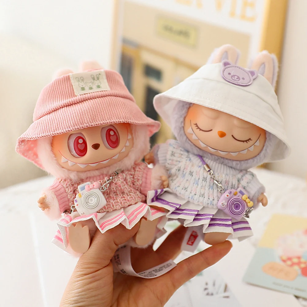 Dla 17cm Labubu Mini Doll Clothes Outfit Miękki sweter z dzianiny Garnitur Siedząca impreza JK Plisowana spódnica Zestaw Kawaii Bear Dress DIY Toy