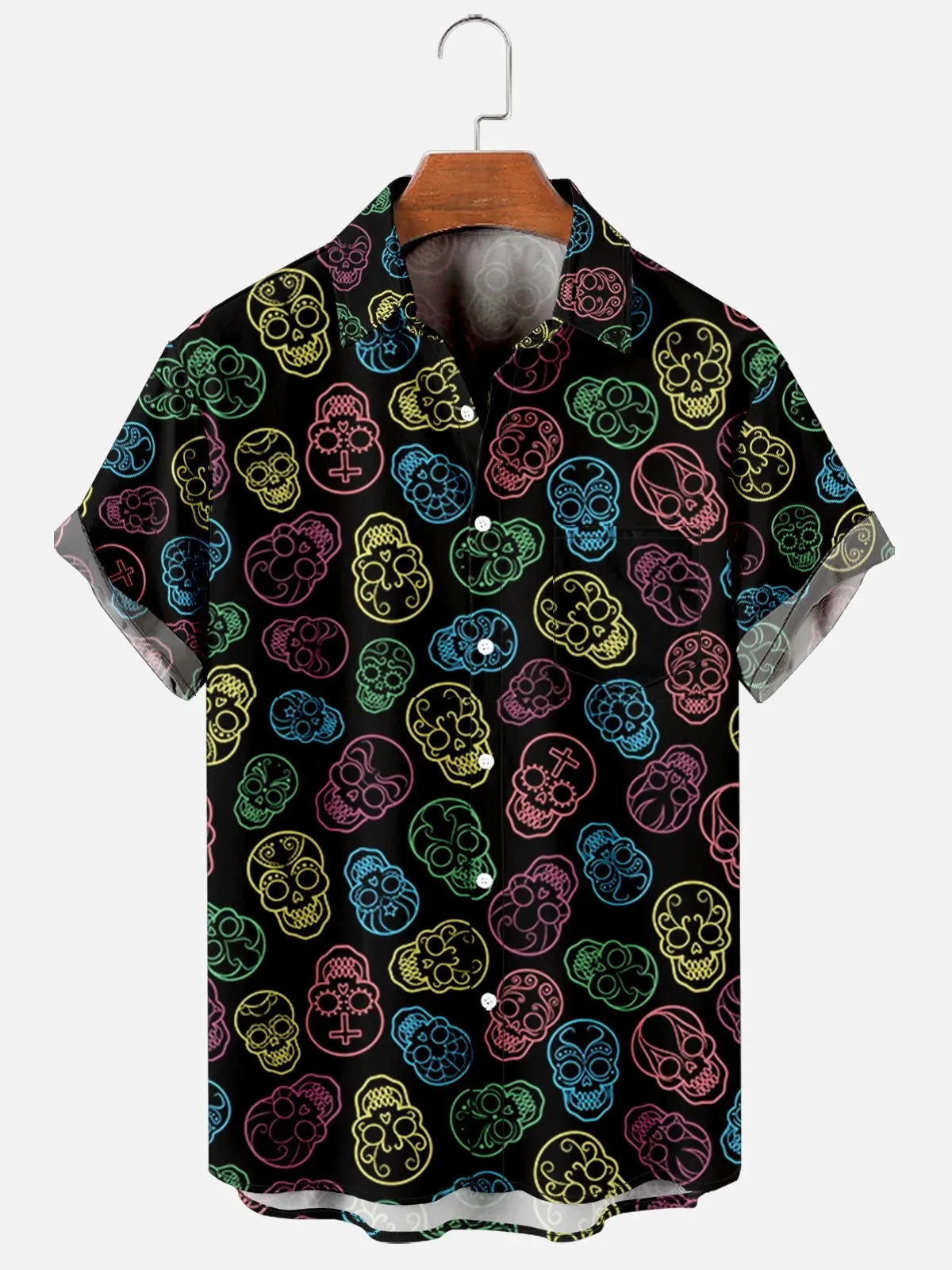 Men's Hawaiian Vacation Style Short Sleeved Shirt with Black Background, Magic Skeleton Full Print, Loose Casual Beach Top