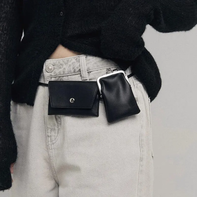 

Punk PU Leather Waist Bags for Women 2 Bags/set Waist Pack Mini Chest Pack Black Clip Crossbody Bag Pocket Purses Women's Bag