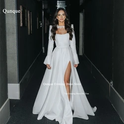 Qunque Elegant A-Line Wedding Dress Women White Long Sleeves Leg Slit Bridal Gown With Train Satin Vestidos De Novia Customized