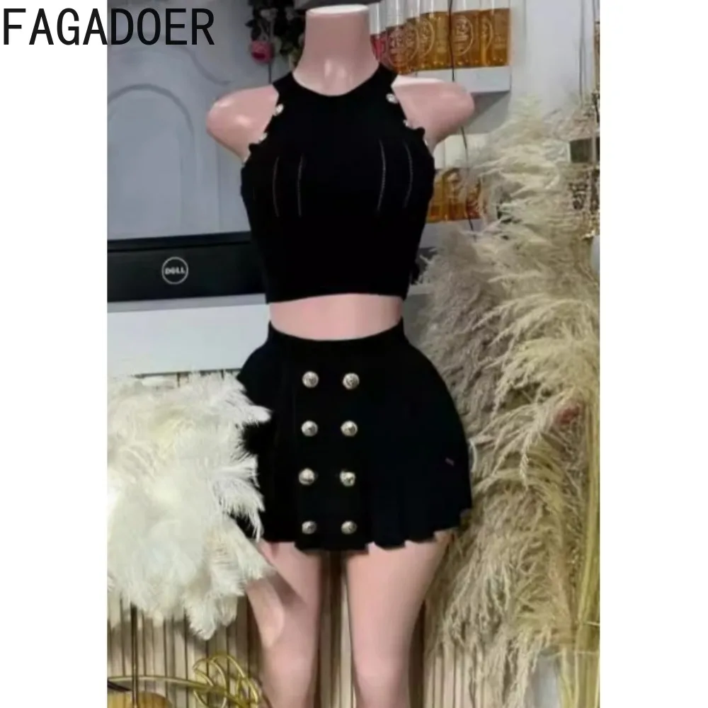 FAGADOER Summer New Solid Ribber Two Piece Sets Women Round Neck Sleeveless Crop Top And Pleated Mini Skirts Outfits Streetwear