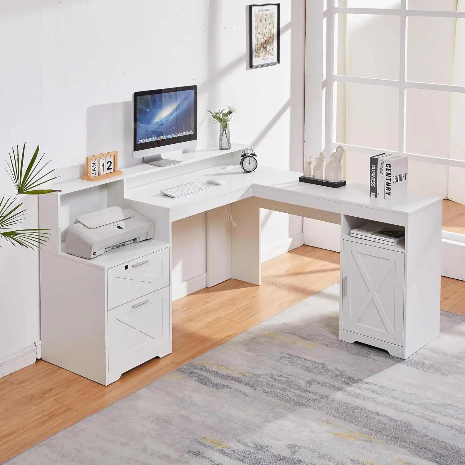 

60 L Shaped Executive Desk with Printer Space,Corner Computer Desk with Power Outlets,Lockable Drawers & Adjustable File Cabnet,