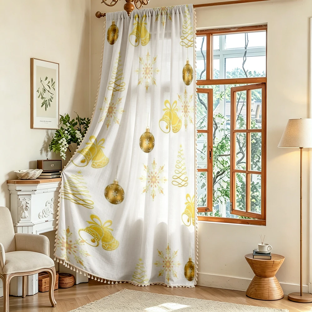 1PC Christmas Winter Tassel Sheer Curtain, Christmas Bell Gold Ornament, Digital Print, Linen Polyester, Bedroom Living Room
