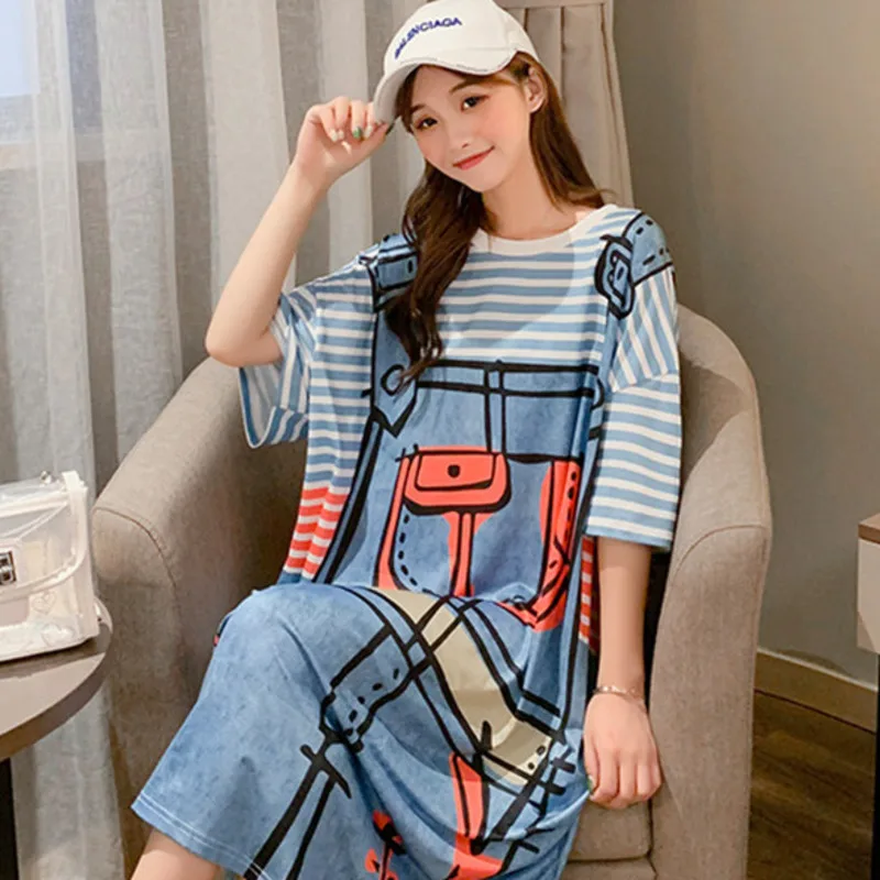 South Korea Summer Short Sleeve Loose Fit Women\'s Cartoon Print Dress Fake Two Piece Striped Strap T-shirt dress 4LBQ