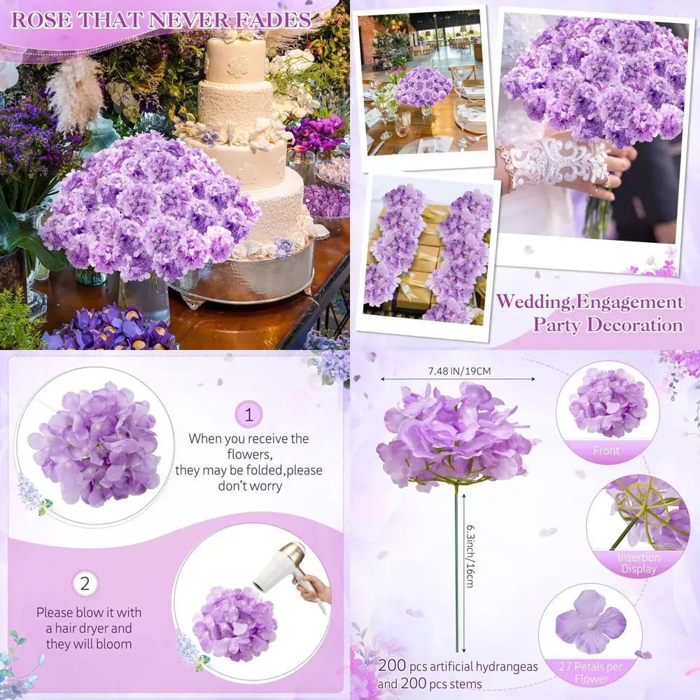 

7.48 Inch Lavender Artificial Hydrangea Flowers, 200 Stems, Ideal for Weddings, Home, and Garden Party Decorations