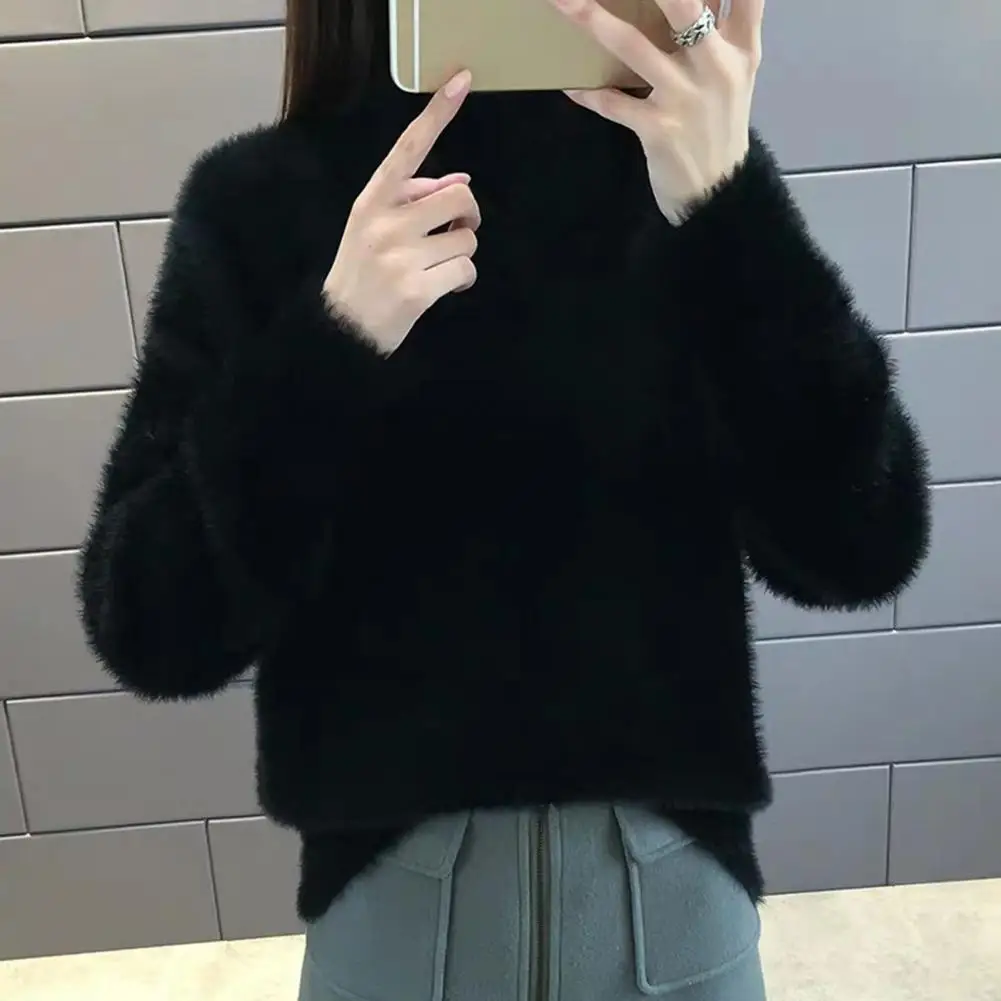 

2024 Women Sweater Fashion Loose Fit Ribbed Trim Thickened Knitwear Half High Collar Long Sleeve Solid Color Female Clothing