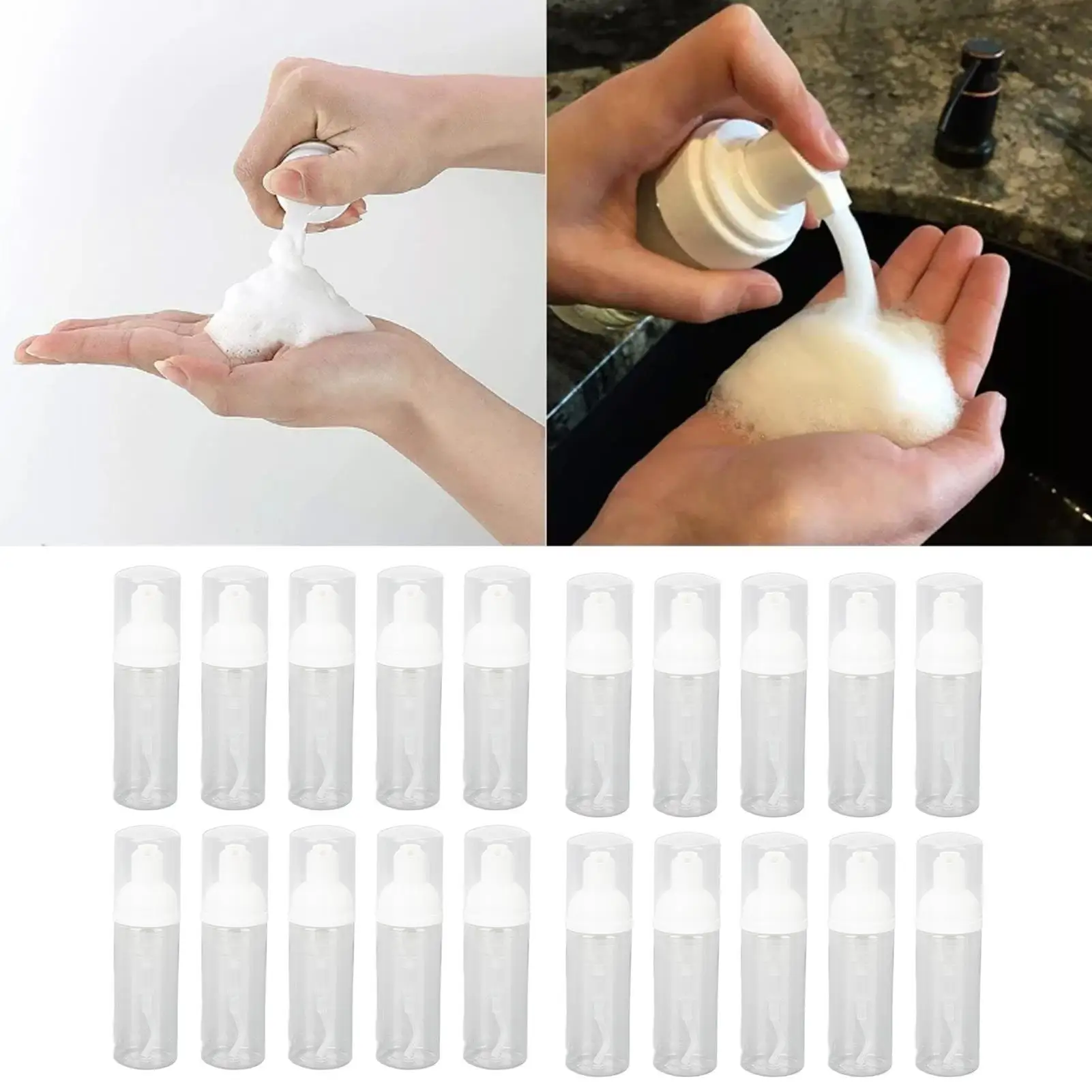 Set di 20 flaconi con pompa per dispenser di schiuma da viaggio da 50 ml, contenitori trasparenti ricaricabili a tenuta stagna per sapone liquido e disinfettante per le mani