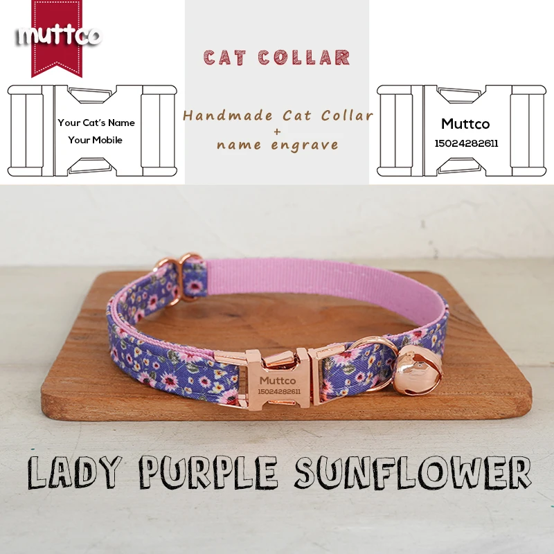 MUTTCO Retail Engraved Beautiful Flower Pattern Design Handmade LADY PURPLE SUNFLO collar Unique Design Cat collar 2 size UCC177