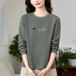 Letter Cartoon Embroidered Lantern Long Sleeve Women's Clothing Spring Autumn Round Neck Solid Color Pullover Casual Tops