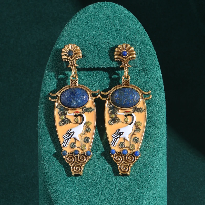 

Vintage Jewelry Statement Crane Vase Relief Earrings Drop Blue Stone Gold Color For Woman Charm Luxury Antique Accessories 2025