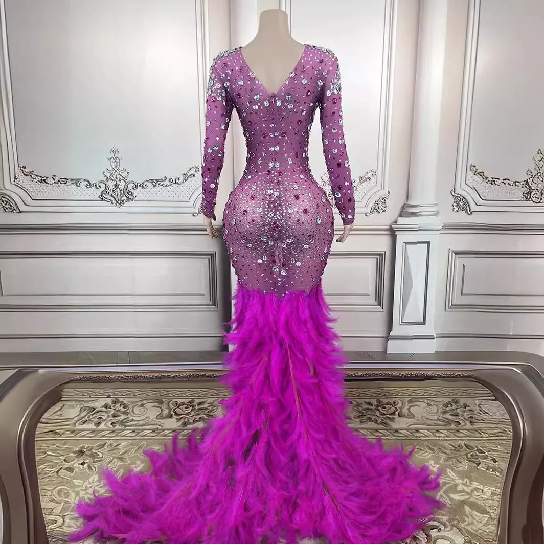 فستان ريش الماس الأرجواني للربيع/الصيف موضة أنيقة ريشة زائدة حورية البحر الكرة فستان سهرة Luxo Elegante Festa Longa