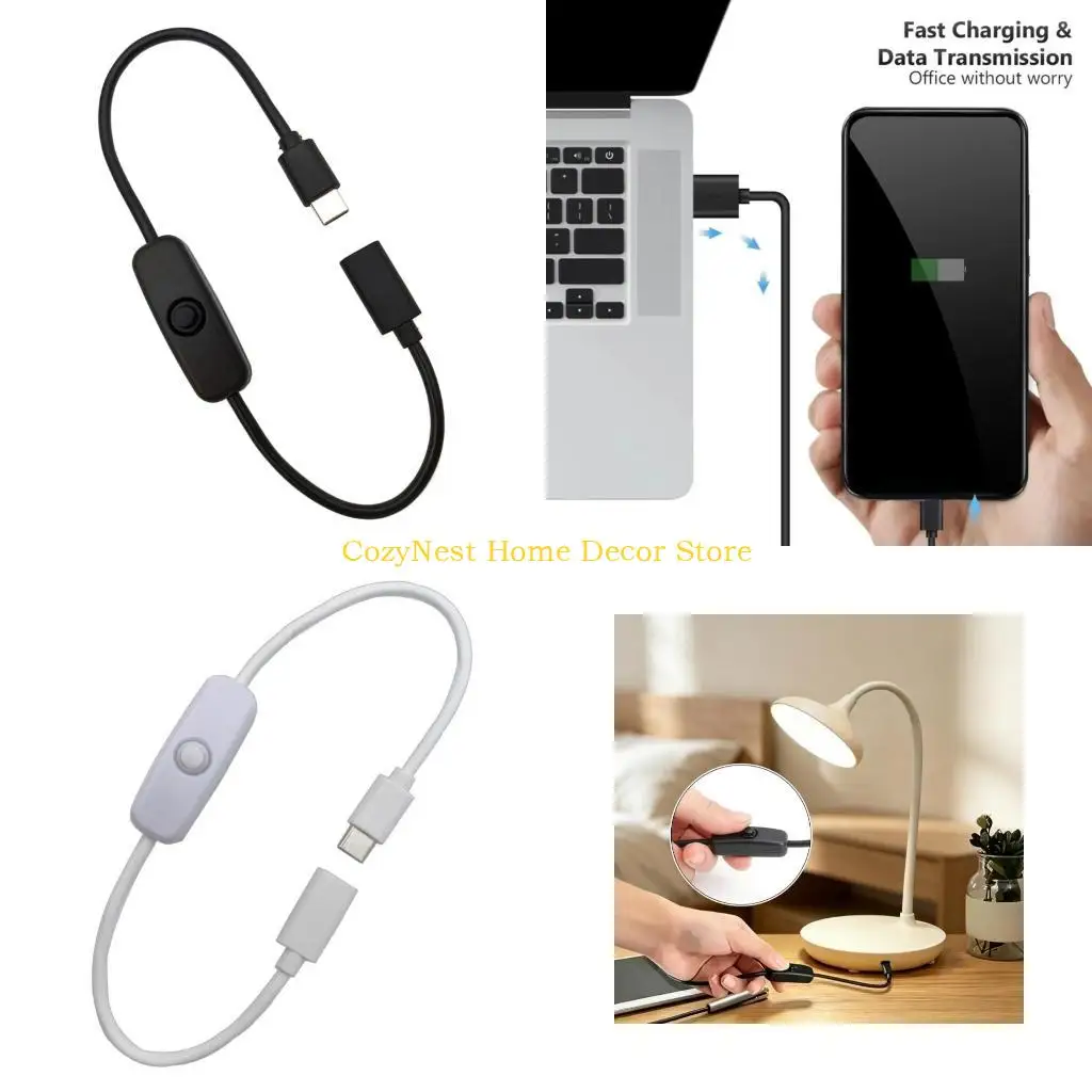 92MF ABS Type C Charging and Transfer Cable with On Off Button, Extension Cord for Desktop Routing and Close Reach Use
