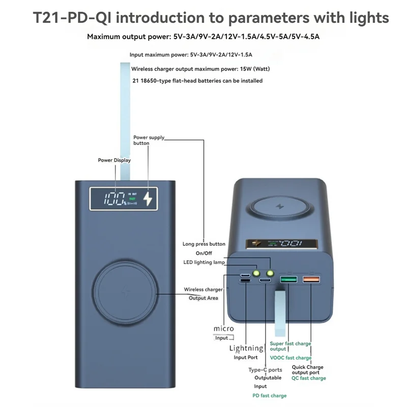 ABFN-15W لاسلكي سريع الشحن 21*18650 Powerbank Case PD QC للهواتف شحن دفع سحب لتقوم بها بنفسك بنك الطاقة المحمول قذيفة B