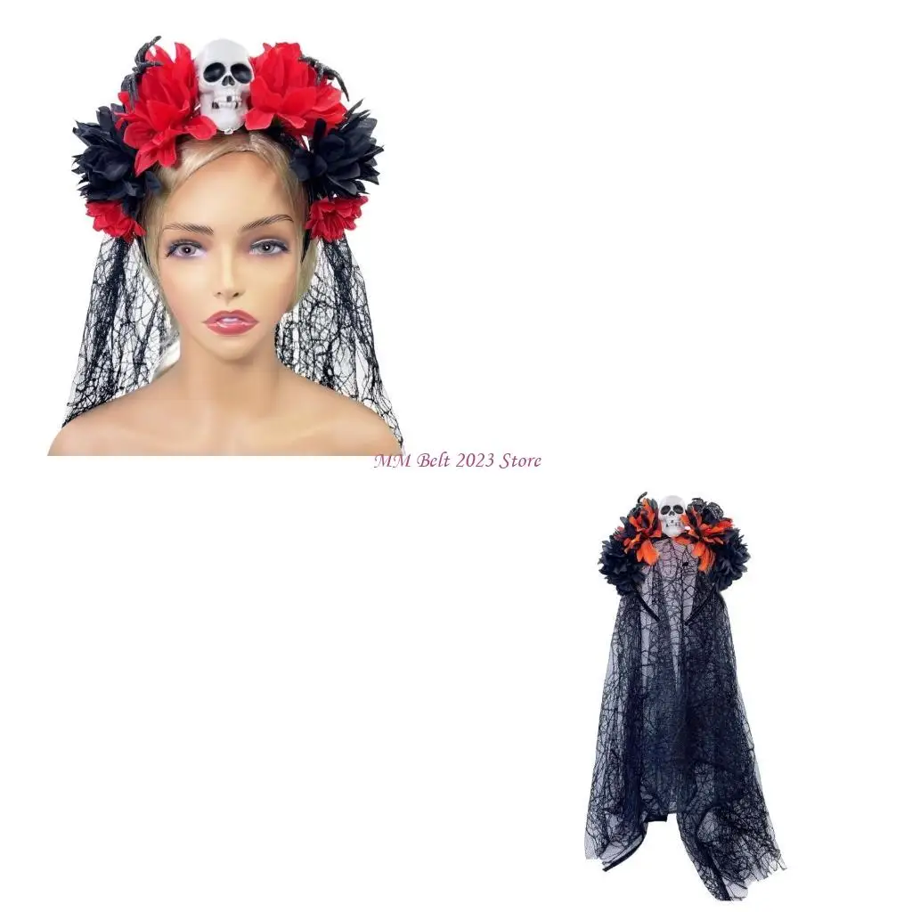 49ME Gruseliger Totenkopf-Blumen-Haarreif mit Schleier, Halloween-Party-Kostüm-Requisiten, Stirnband, blutiges Haarband,