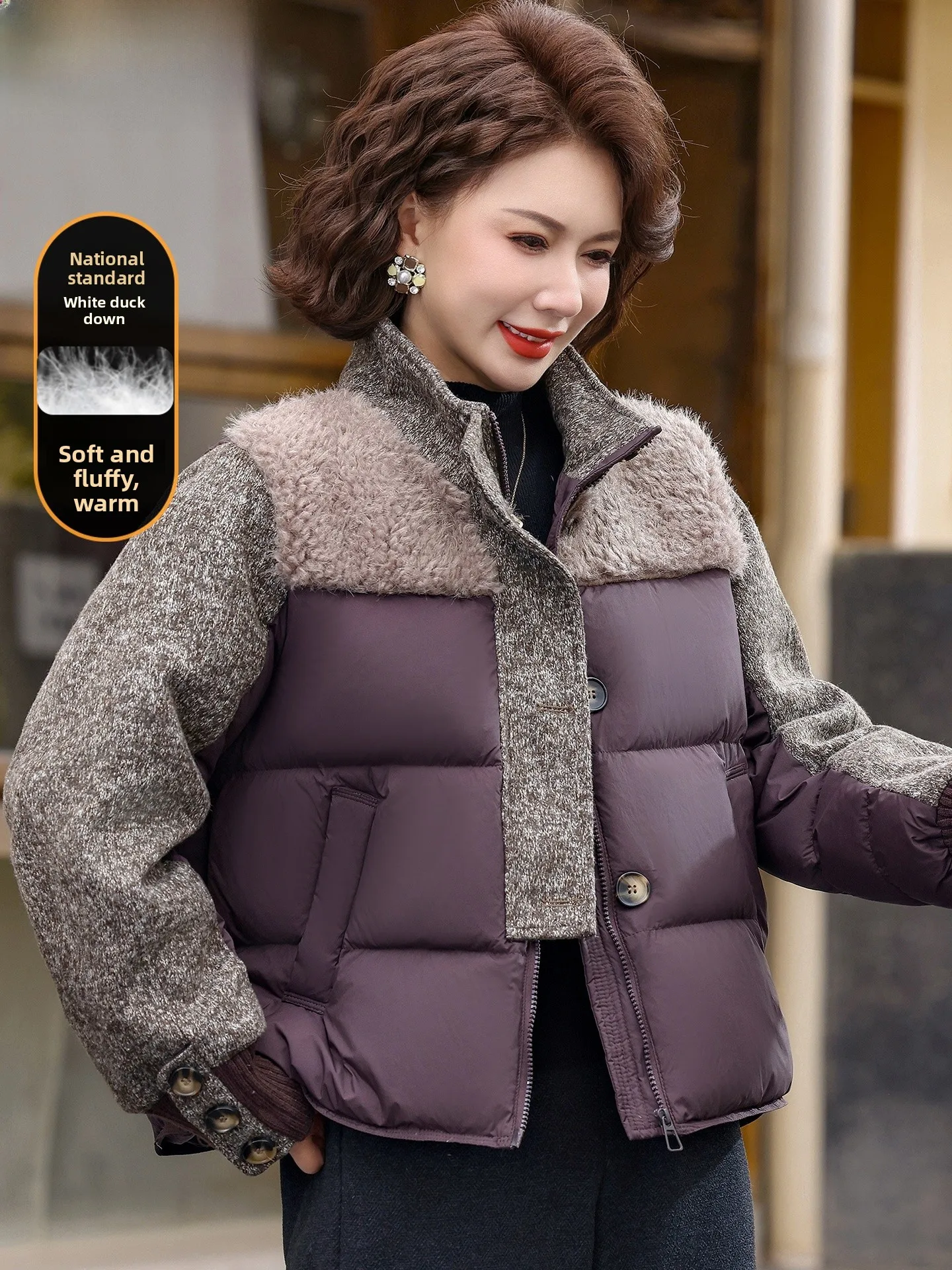 

Модная короткая пуховая куртка для молодых мам: зимняя одежда из полиэстера, теплая женская верхняя одежда с пэчворком