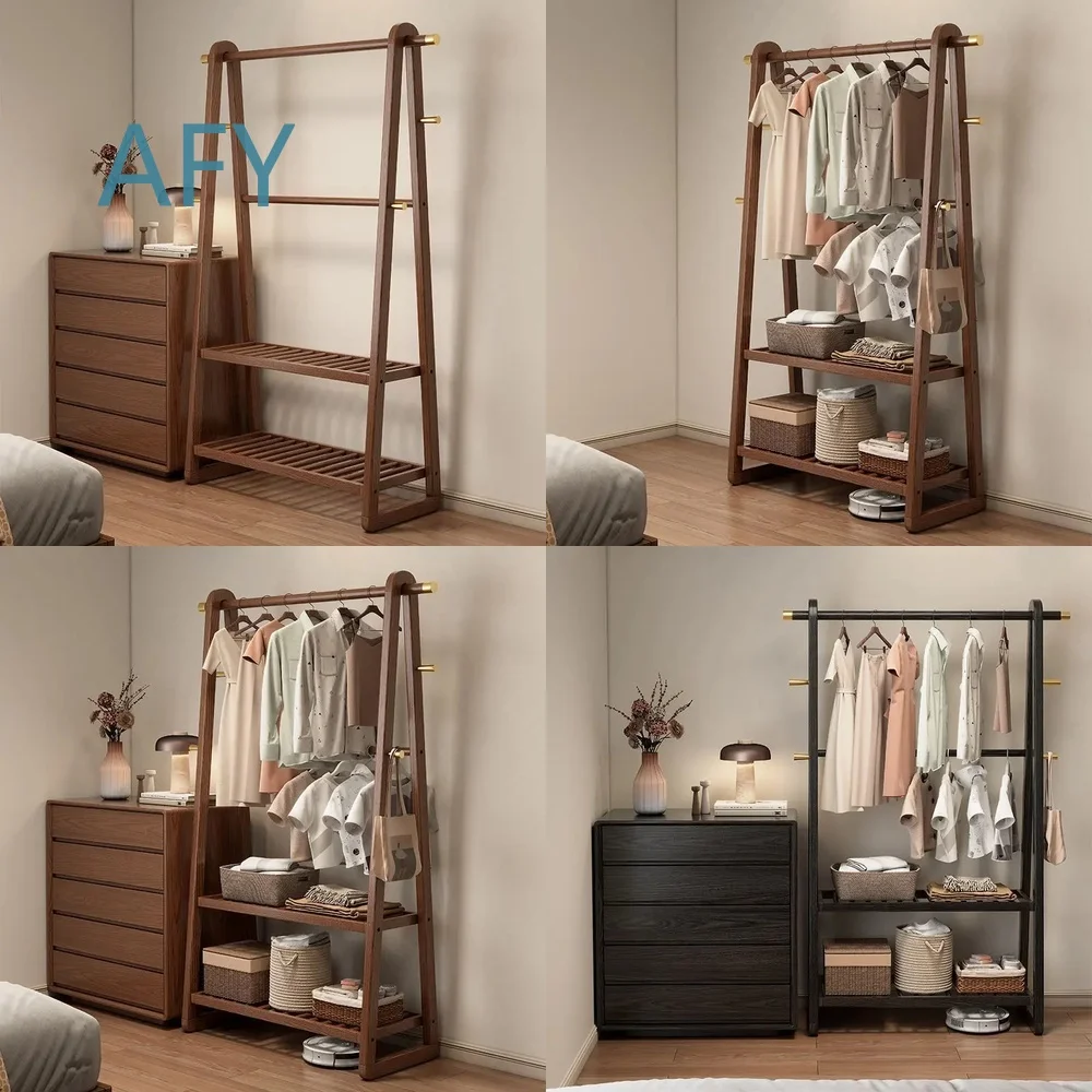 All-Solid Wood Coat Rack with Shelf for Home Storage Floor to Ceiling Rubberwood Clothes Organizer Multi Functional Hanging