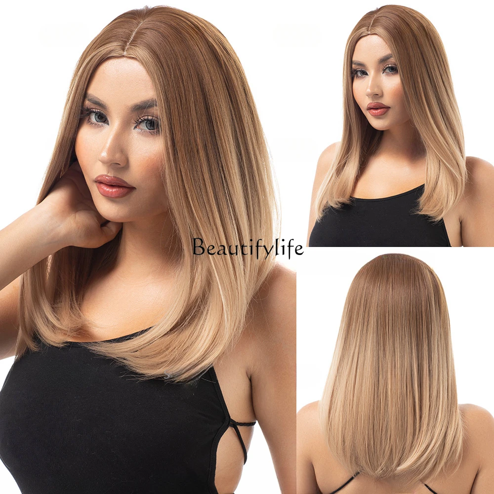 

Natural Highlights Brown Black Brown White Short Straight Hair High Temperature Silk Wig Female