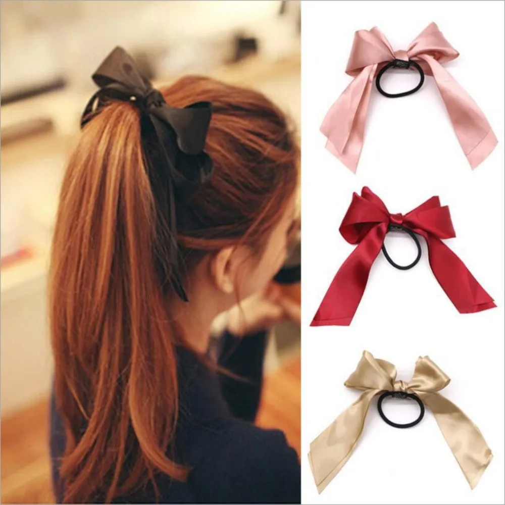 Korean BowKnot Hair Tie Scrunchies for Women Fashion Long Ribbon Elastic Hair Bands Bow Ponytail Ties Hair Accessories