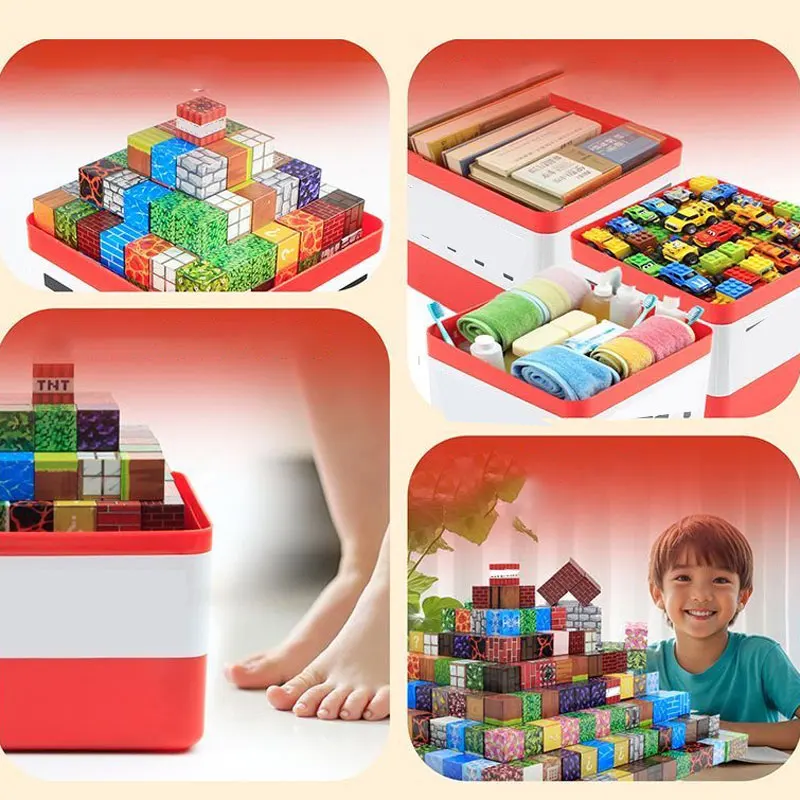 Caja de almacenamiento de bloques de construcción magnéticos, cubo de almacenamiento de bloques de juguete para aperitivos, contenedor organizador de plástico, juguetes de montaje DIY para regalo de niños