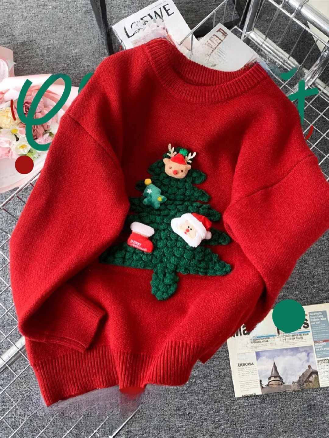 

Cisas Red Knitted Sweater round Ne Heavy Work Cisas Tree 3D Decoration Aosphere Feeling Winter Women's Sweater