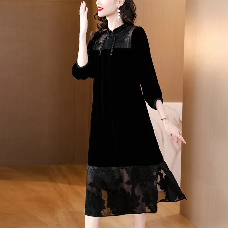 

2023 New Fashion Silk Velvet Dress Women's Autumn Versatile Stand up Collar 3/4 Sleeve Loose Casual Party Dress Vestidos