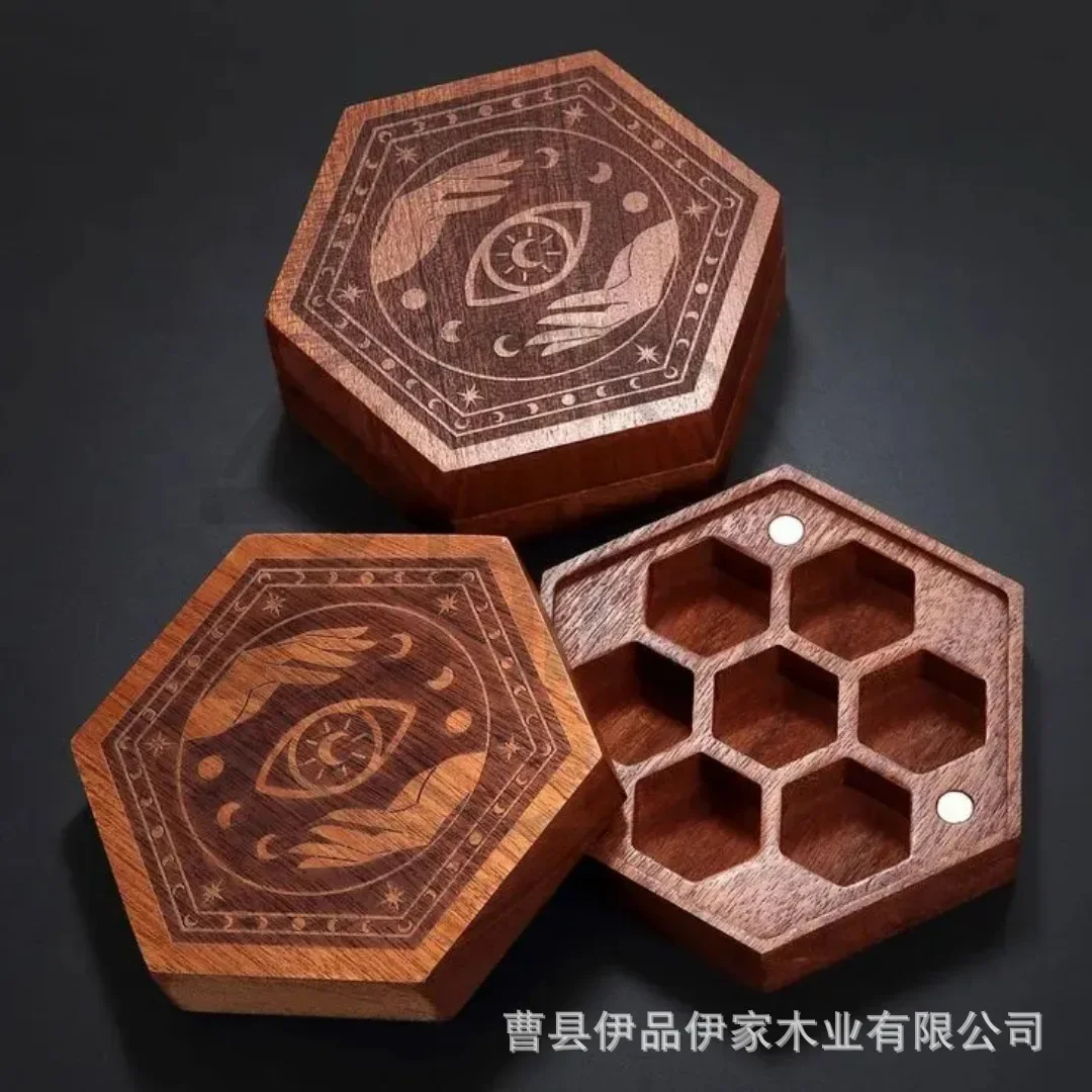 2Pcs Magnetic Wooden Dice Storage Box, Honeycomb Polygon Dice Container for Bar Game