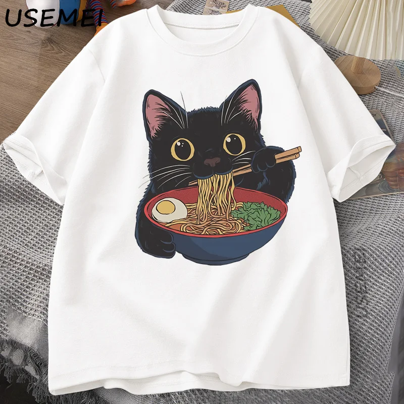 Camiseta de gato Ramen, camiseta de amante de los gatos de estilo japonés, camisetas de manga corta de algodón de dibujos animados Kawaii, ropa para hombre, camisetas