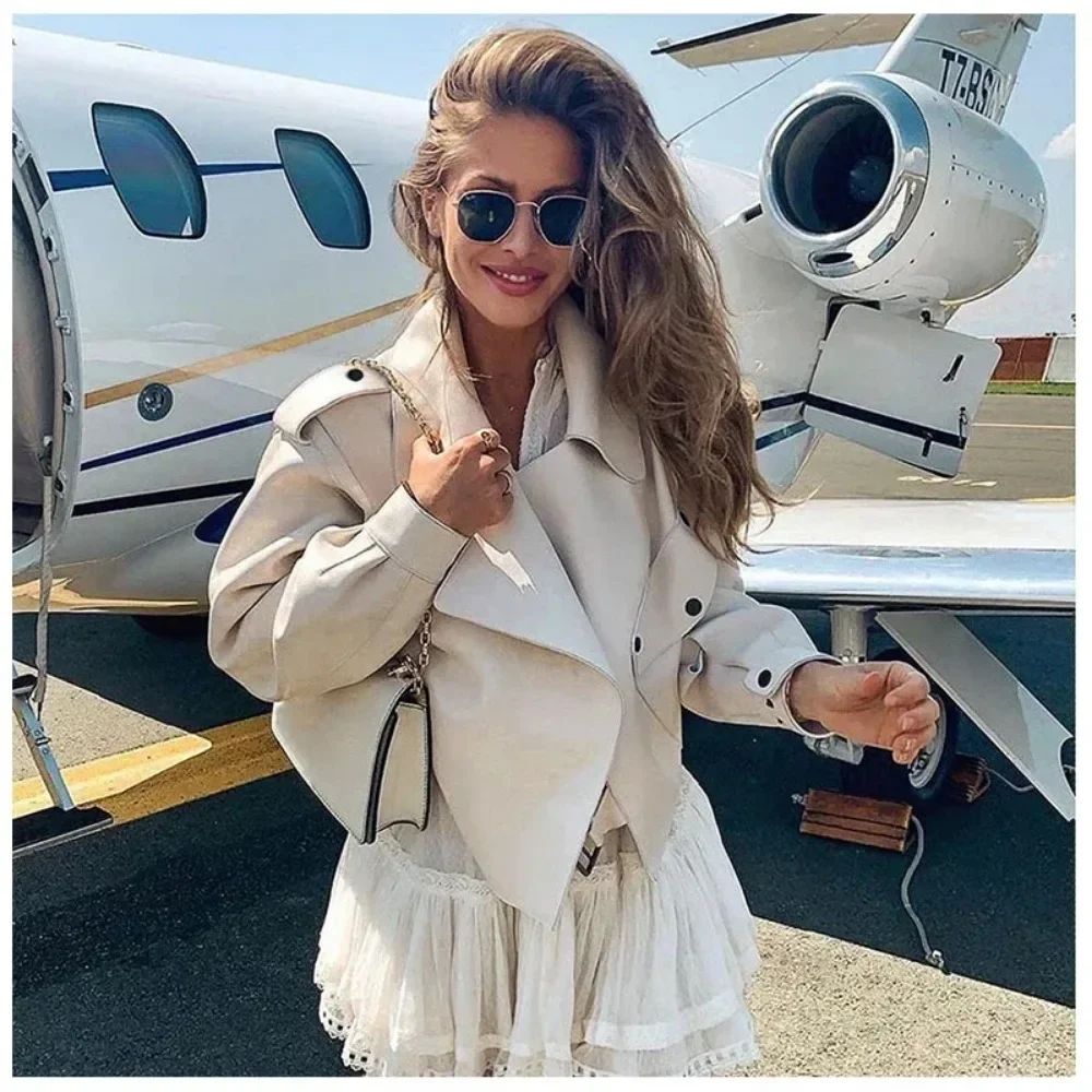 2025 New Fashion Women Faux Leather Jacket Spring  Biker Coat Turndown Collar PU Motorcycle Jackets Loose Streetwear Outerwear