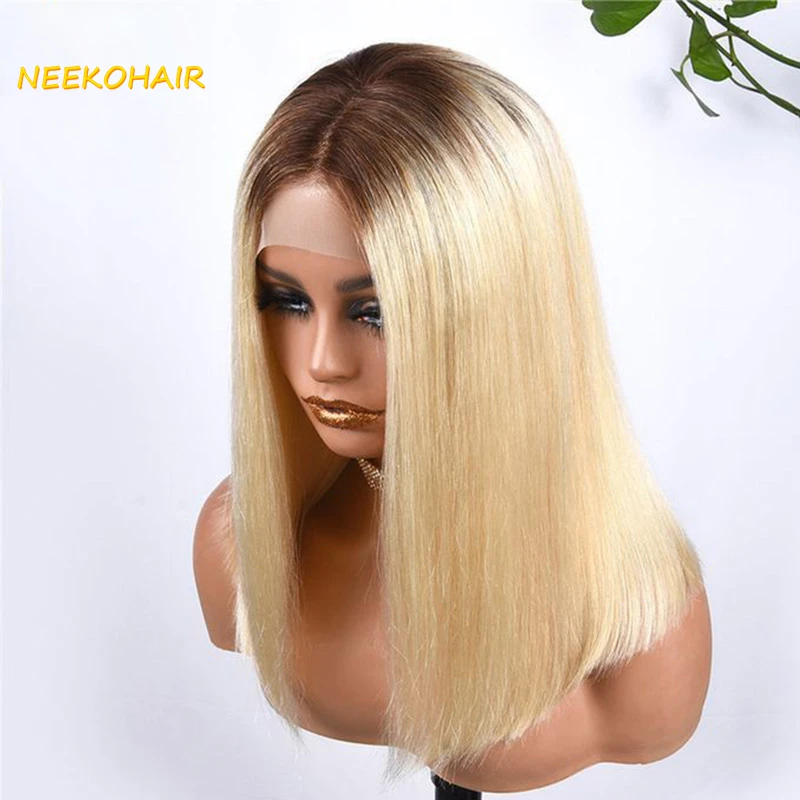 Perruque Bob Lace Front Wig Naturelle, Cheveux Courts, Blond Miel Ombré, 13x4, T4/613, Densité 150%, pour Femme