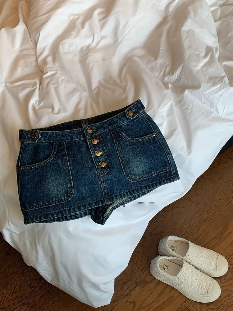 American Vintage Dropped Denim Short Skirt For Women Summer Casual Fashion Washed Retro Blue Single Breasted Spicy Girl Skirts