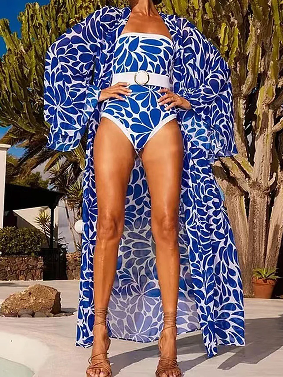 

Сексуальный монокини без бретелек с принтом и кимоно-накидкой, цельный купальник для пляжа, летняя пляжная одежда 2026