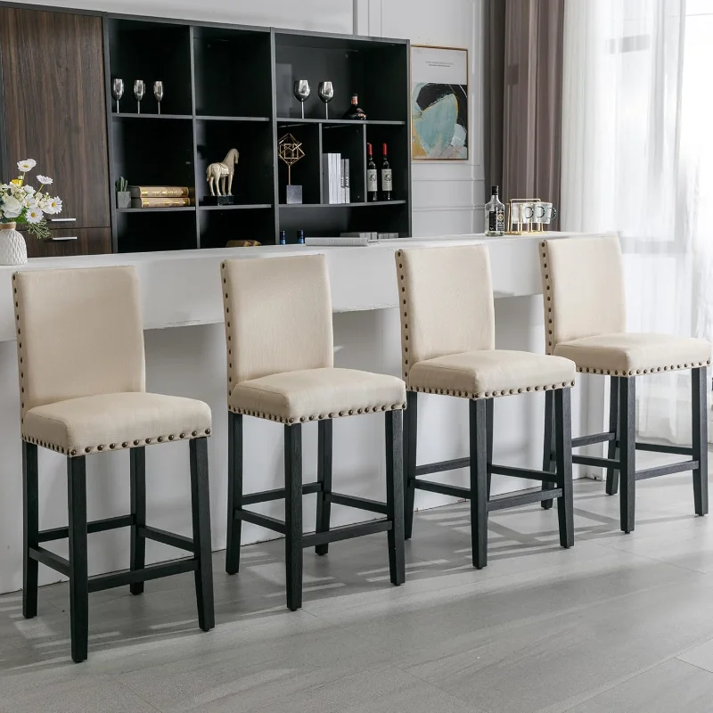 

Modern 24 Inch Counter Height Bar Stools with Black Wood Legs,Nail Head,Upholstered Bar Chair for Kitchen, Beige, Set of 4