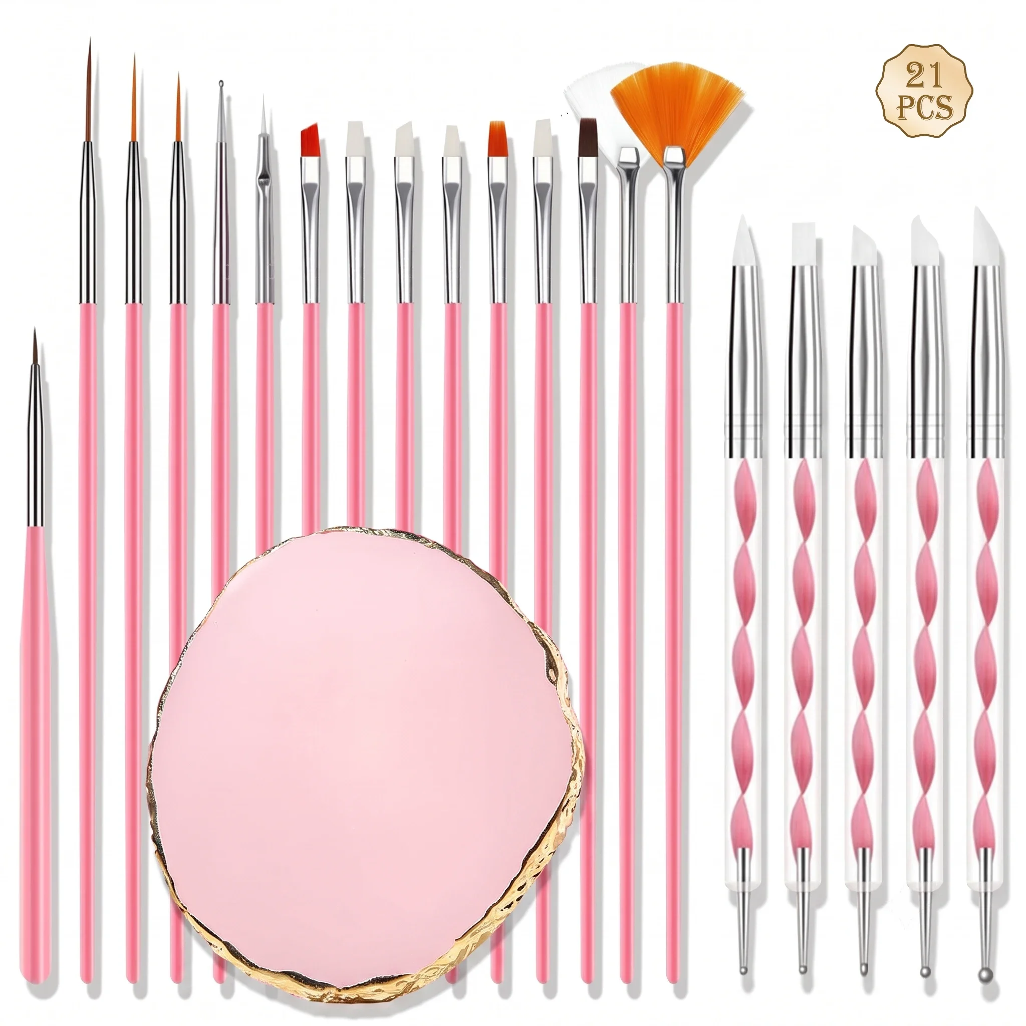 21Pcs Nail Art Brush Set with 15 Brushes, 5 Dotting Pens & Palette – Essential DIY Manicure Tool Kit for Nail Artists and Beginn