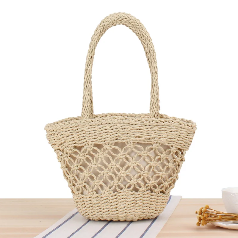 

Small hand woven beach bag hollowed-out silk scarf small fresh straw bag holiday photo leisure bag