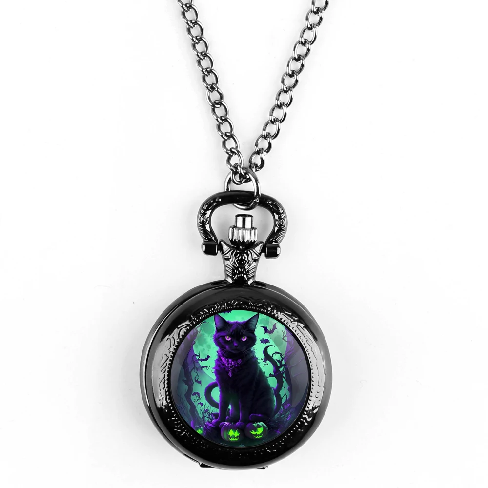 Creative Halloween Cat Design Pendant Quartz Pocket Watch Souvenir Chain Pocket Watch Arabic Numerals With Personality Gift