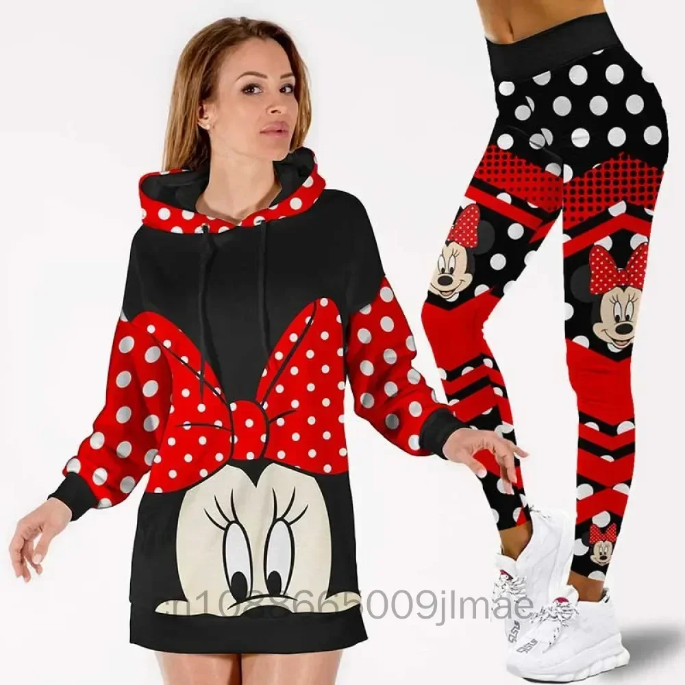 Nama kustom Mickey Mouse gaun Hoodie dan setelan legging wanita Diseny Minnie Hoodie celana Yoga pakaian olahraga modis