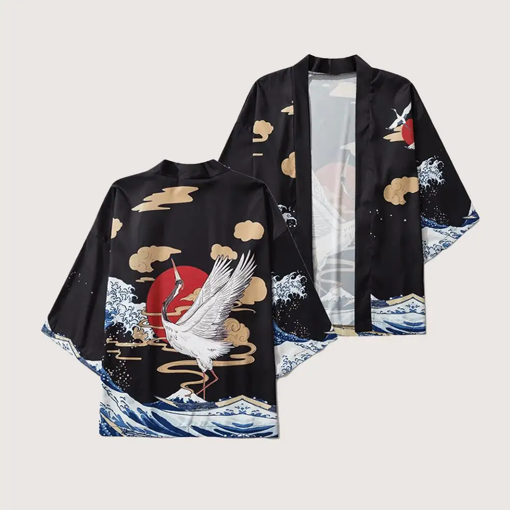 اليابانية كرين طباعة كيمونو سترة التقليدية Harajuku يوكاتا الرجال والنساء أسفل محبوك سترة Y2K الشارع ملابس عصرية #1