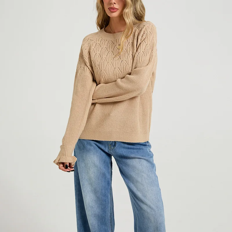Fresh And Breathable Hollow Knitted Top With White Round Neck And Raglan Sleeves Loose And Lazy Sweater Daily Casual Pullover