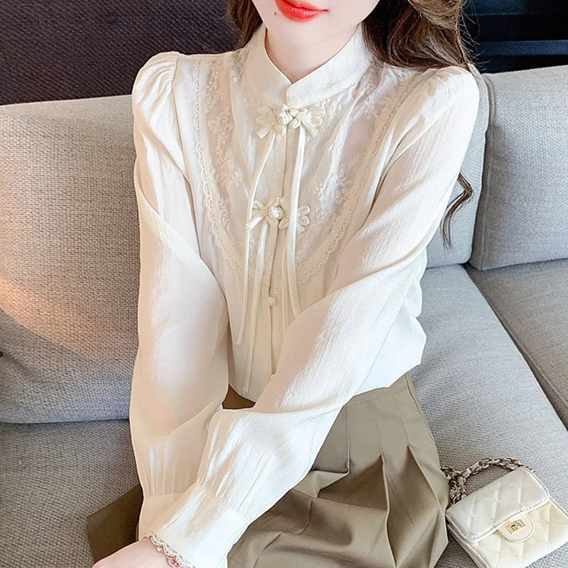 New Chinese Style Apricot Women Blouse Shirt Tops Blusas Mujer De Moda 2024 Long Sleeve Stand Collar Blouse Women Shirts H539