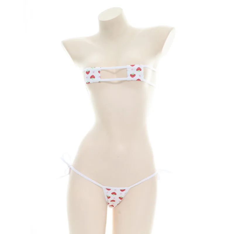 Эротический веселый женский бюстгальтер сексуальное нижнее белье Lolita Kawaii Cosplay розовые белые полосатые мини-Бикини женское нижнее белье японское