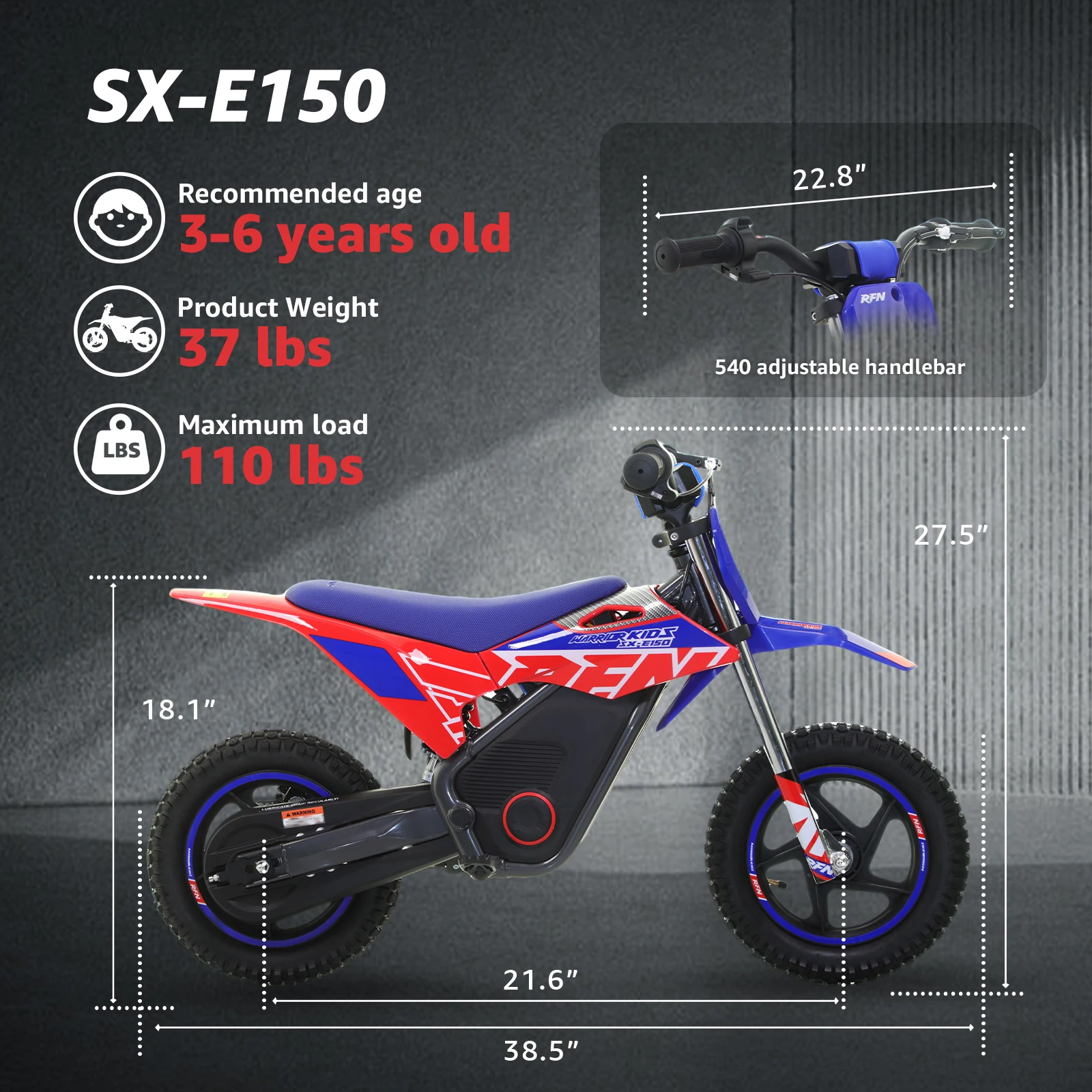 Motocykl elektryczny dla dzieci RFN Warrior Kids E250, 36V 400W, terenowy, z 3 biegami, zasięg 18 km, dla dzieci w wieku 3-6 lat.