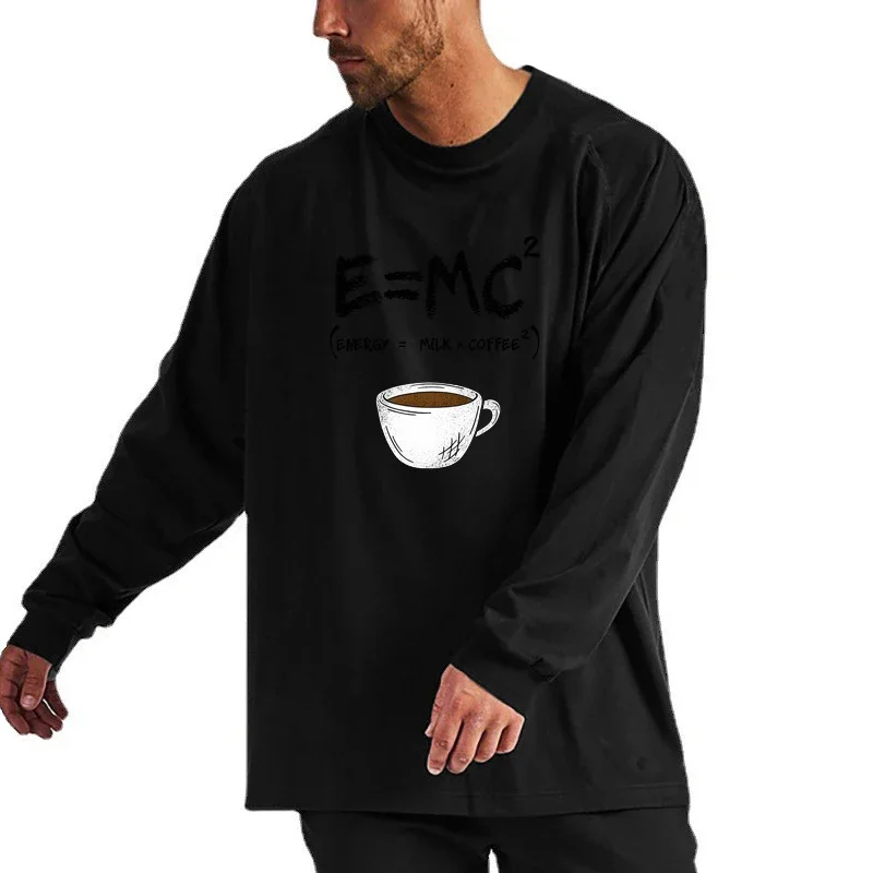 الخريف والشتاء طباعة فضفاضة تي شيرت رجالي الرياضة عادية المتضخم القطن تنفس الصالة الرياضية اللياقة البدنية رمادي ملابس خارجية المحملة القمم