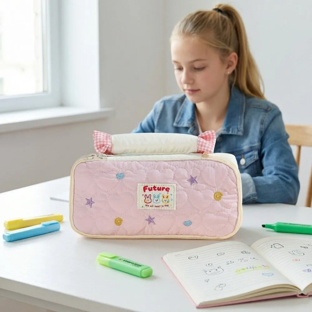 Rabbit Bunny Dots Pencil Case Star Y2K Print Korean Style Pen Bag Desktop Storage Large Capacity Cartoon Pencil Pouch Children