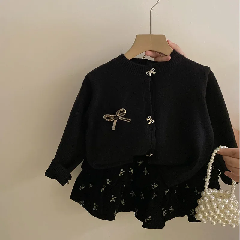 Baby Girl Clothes Suit South Korea Clothing Suit 2024 Spring and Autumn New Style Thickened Knit Cardigan Pleated 2-piece Set