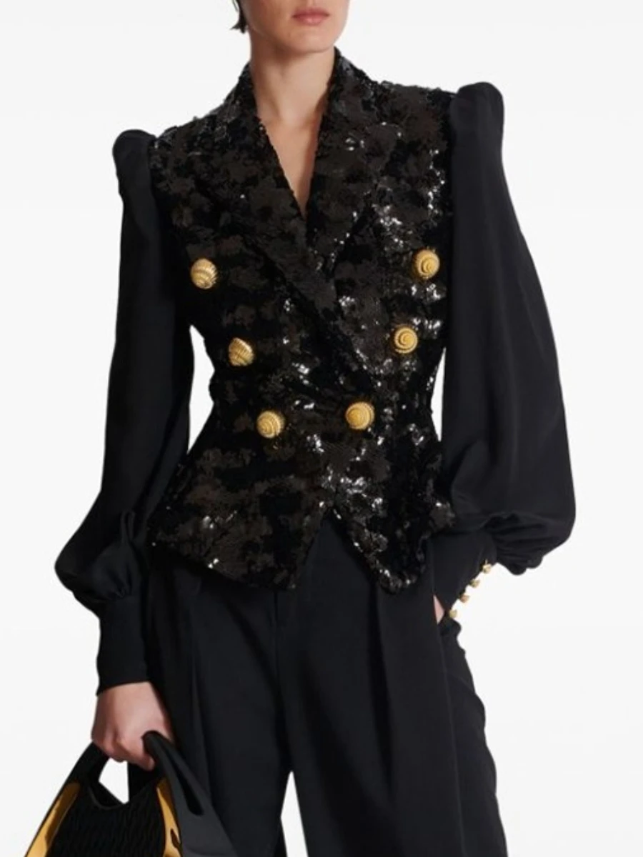 TWOTWINSTYLE Fashion Slimming Spliced Sequins Blazers for Women Lapel Long Sleeves Tunic Patchwork Metal Buttons Blazer Female