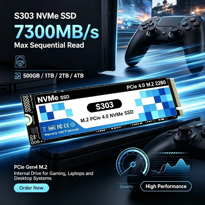 S303 PCIe 4.0 M.2 NVMe SSD 500GB-4TB, 7300MB/s Max Seq Read, Internal Drive for Desktop Systems and Gaming Laptops.