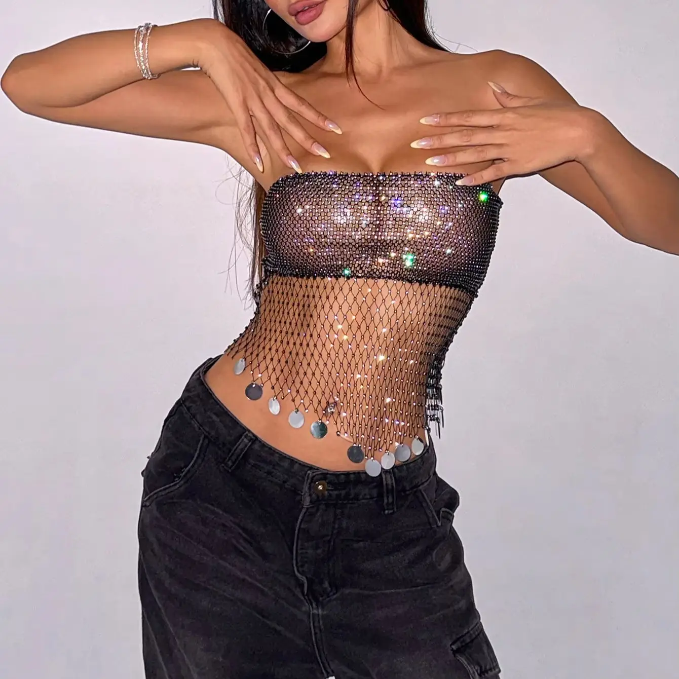 Luxury Rhinestone Fishnet Women Camisole Sexy See Through Hollow Out Mesh Backless Tube Tops Sequins Tassel Party Tank Tops