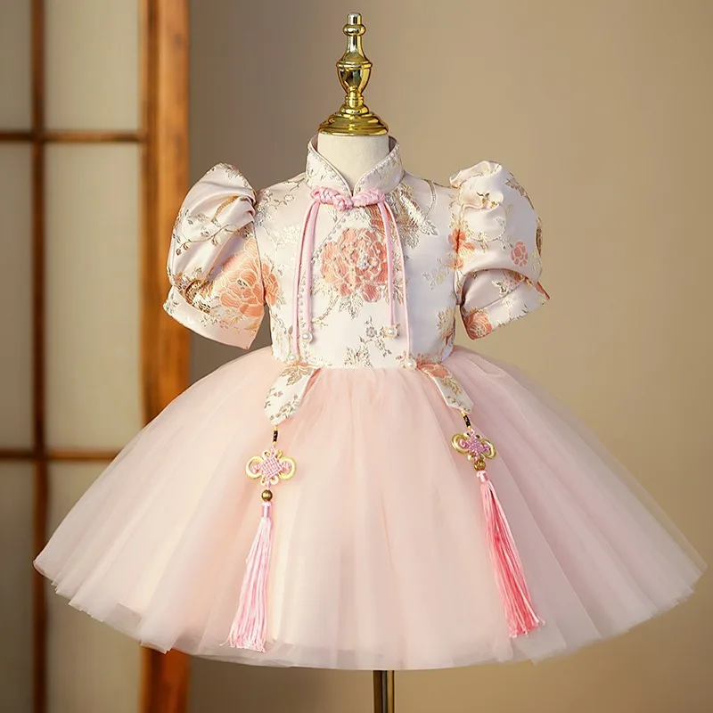 Chinese style Flower Girl Dress Pearl embroidery Princess Girl Satin Birthday Party Ball Cheongsam Dress Children Wedding Dress